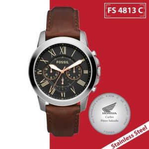 RELOJ CABALLERO ACERO INOXIDABLE CARATULA NEGRA DIALES BEIGE CORREA PIEL COLOR CAFÉ